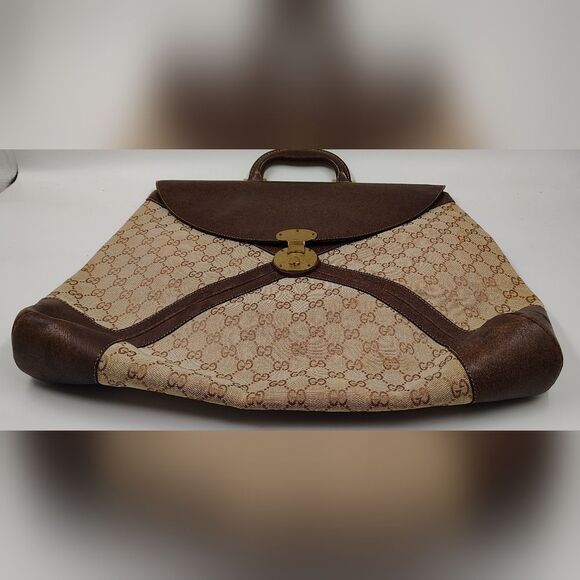 Gucci Brown Leather & Cream Logo Monogram Satchel Bag Vintage - Picture 10 of 16